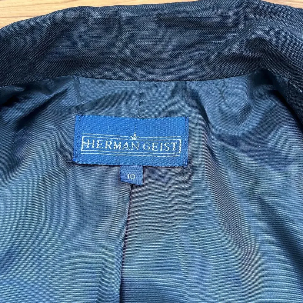 Herman Geist‎ Linen Blazer Jacket Sz10 Black Hidden Buttons Closure Professional